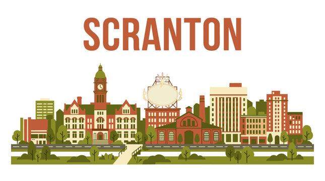 Scranton Pennsylvania city skyline with famous landmarks on white background flat vector illustration