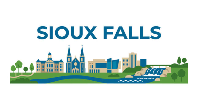 Sioux Falls South Dakota city skyline and falls park flat vector illustration