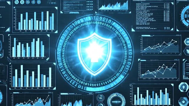 Cyber security shield with keyhole, binary code, and digital data interface.