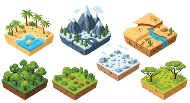 Isometric terrain tiles depicting diverse biomes like a tropical beach, snowy mountains, arid desert, dense forest, and grassy plains on a white background.