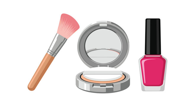 Soft pink makeup brush rests beside a compact mirror with pressed powder and a vibrant magenta nail polish bottle arranged on a clean white background.