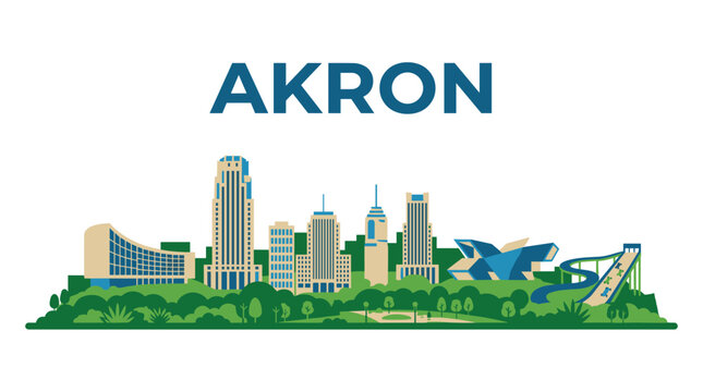 Akron Ohio city skyline featuring Soap Box Derby track minimalist flat vector illustration