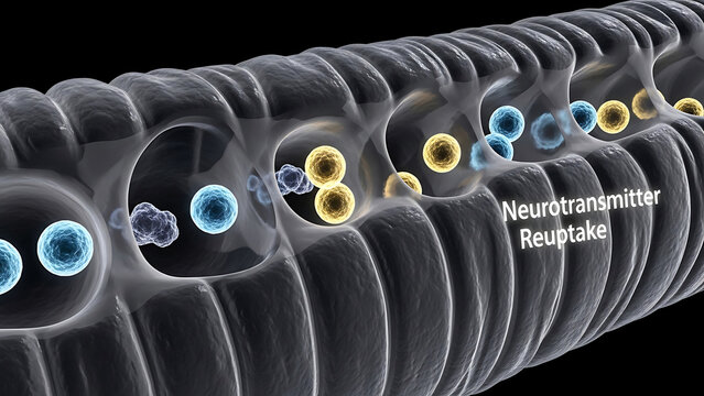 Neurotransmitter reuptake process in a neuron with synapses releasing and reabsorbing chemical signals  neurotransmitter reuptake