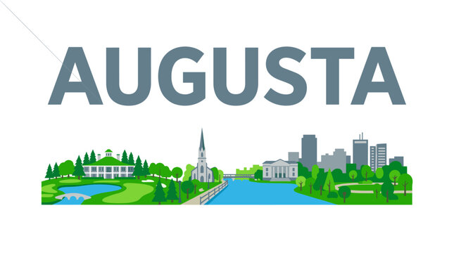 Augusta Georgia city skyline featuring golf course and river landmarks flat vector illustration