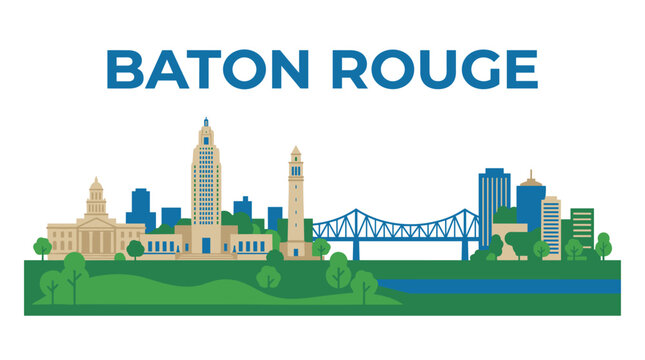 Baton Rouge Louisiana city skyline featuring state capitol landmarks flat vector illustration