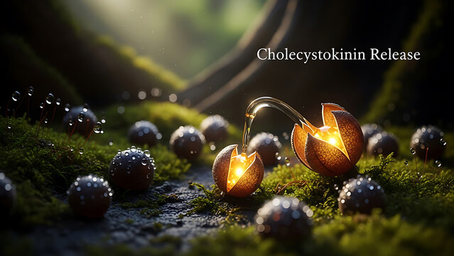 Cholecystokinin release concept with glowing seed pods on mossy ground with water droplets on dark background  science and biology illustration