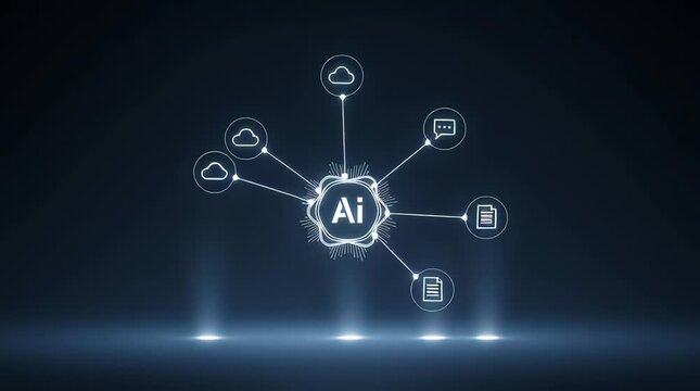 Dynamic artificial intelligence network connecting diverse data processing and cloud computing services, illustrating advanced technology and digital integration