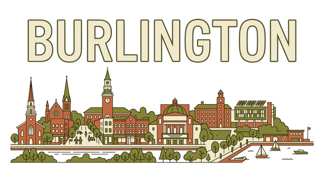 Burlington Vermont city skyline landmarks and lake champlain harbor line art vector illustration