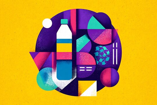 Abstract geometric illustration of a plastic bottle with recycling iconography in a colorful circular packaging concept