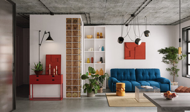 Modern Industrial Color Accent Living Room interior with exposed concrete ceiling and visible wiring, softened by a clean white layout and warm glass block partition, 3d render