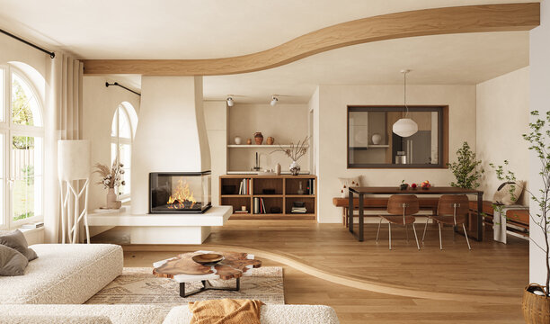 Soft Organic Minimal Living Space with flowing architectural lines, a sculptural plaster fireplace, and natural wood furniture. Soft neutral tones, arched windows, and curated decor, 3d render