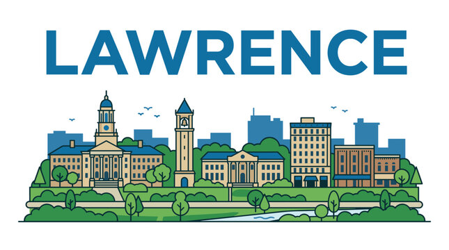 Lawrence Kansas city skyline featuring university landmarks and river flat vector illustration