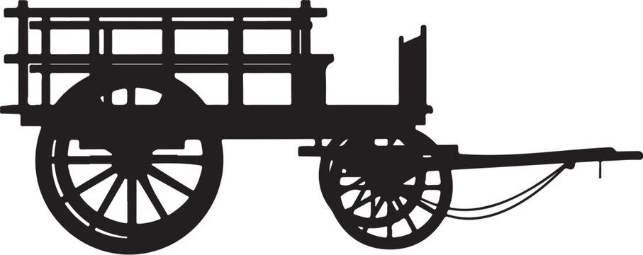 Black silhouette wagon, old cart, vector cargo truck, rustic transportation
