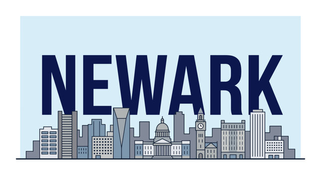 Newark city skyline with bold text and landmark buildings flat vector illustration