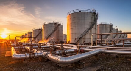 Obraz premium Industrial storage tanks and pipelines at sunrise image