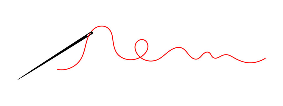 Minimalist sewing needle with flowing thread in curvy line art. Ideal for tailor branding, dressmaking symbols, and needlework craft illustrations on isolated background. Vector editable stroke