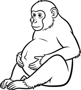 A large monkey sitting down and looking sideways with a thoughtful expression on its face and hands on belly