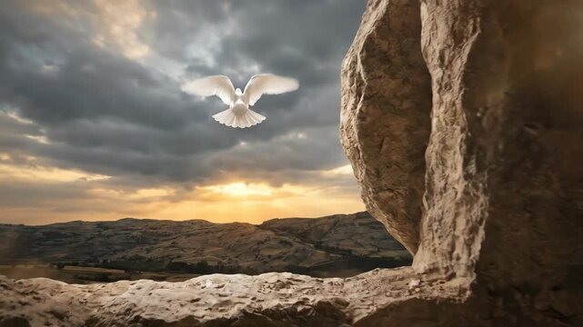 White dove flying from the empty tomb of Jesus Christ. Holy resurrection concept with sunrise light. Religious Christian scene showing the spirit of god rising.