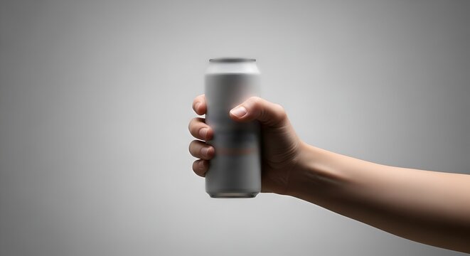Hand holding a blank aluminum can of beverage against a gray background
