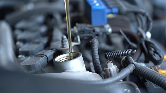 Pouring fresh new clean synthetic oil into the car engine.