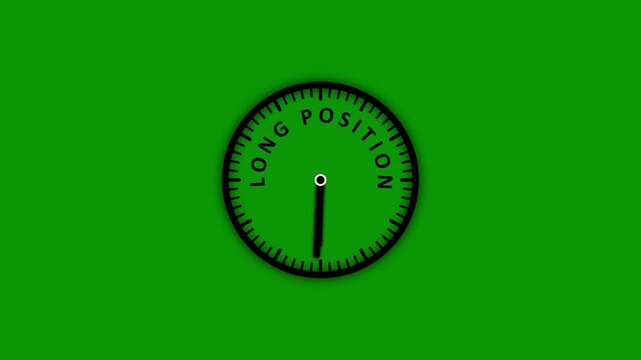 A minimalist of a black clock face with the words LONGPOSITION displayed in black text around the dial against a solid vibrant green background representing a financial trading
