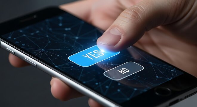 A hand pressing the yes button on a smartphone screen with a dark background