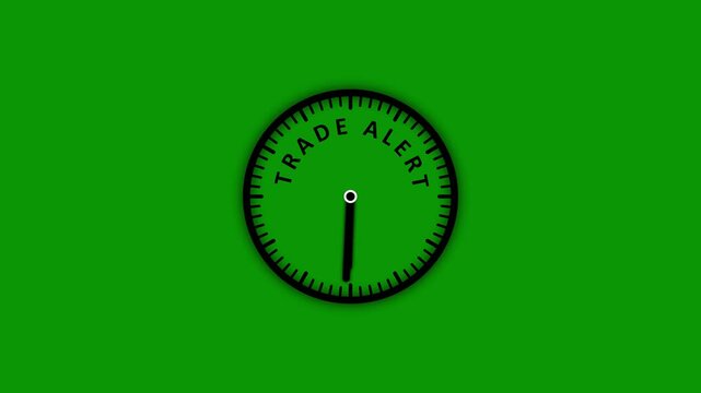 A simple black clock face with the words TRADEALERT displayed around the dial against a solid bright green background with no other visual Keywords: clock, time, trade alert