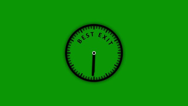 A minimalist black clock face featuring the words BESTEXIT around its outer edge, set against a bright, solid green background with a subtle shadow effect under the clock