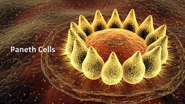 Paneth cells intestinal epithelial cells with large eosinophilic refractile granules in the cytoplasm  intestinal stem cell niche  microbiome research  cellular biology