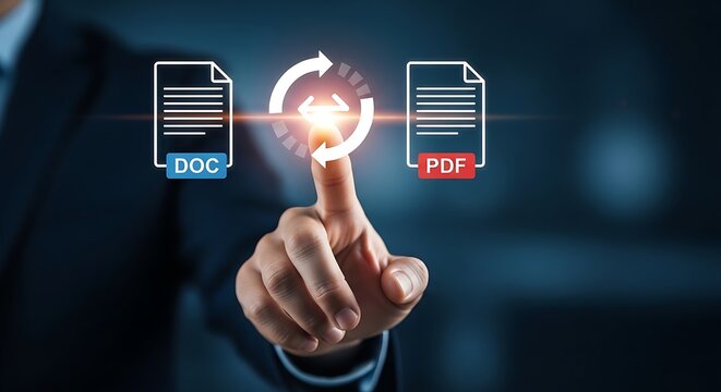 A businessman interacting with a digital interface to convert documents between DOC and PDF formats.