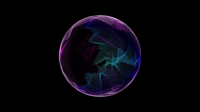 Wireframe of colorful waves moving inside a sphere