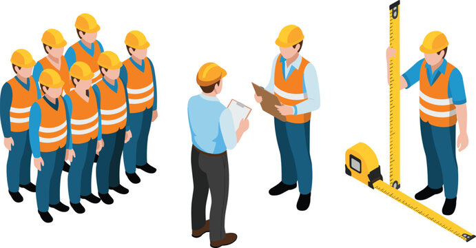 Isometric Vector Illustration of Construction Workers Team Briefing and Measuring Worksite