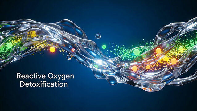 Reactive oxygen detoxification concept with colorful particles and transparent liquid flow on dark blue gradient background