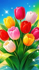 Fototapeta premium Vibrant tulips with sparkling mobile wallpaper
