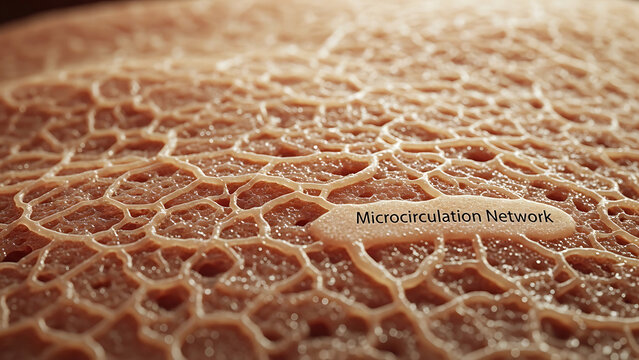 Closeup of microcirculation network in skin tissue  detailed view of blood vessels and capillaries