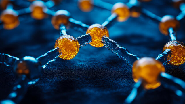 Dynamic 3D render of intricate molecular network featuring luminous orange particles linked by fluid blue bonds, symbolizing innovation in fields like nanotechnology, biotechnology, and advanced mater