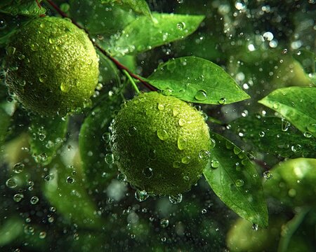 bright green lemon leaves covered in realistic water droplets