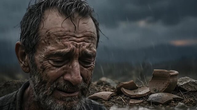 Sad man crying in rain near broken clay pot. Religious seeker expressing grief and faith under stormy sky. Cinematic depiction of suffering and spiritual hope.