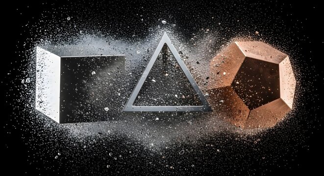 Geometric shapes emerge from dust explosion on black background with cube triangle and dodecahedron