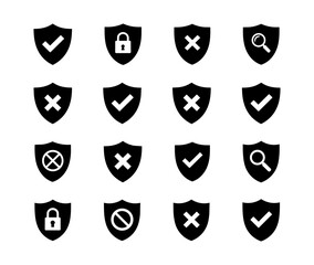 Obraz premium Black shield silhouettes featuring check marks crosses locks and search magnifying glass icons for secure authentication and internet safety branding concepts.