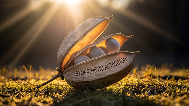 Gac fruit seed pods with sympathetic activation text on grass with sunlight shining through