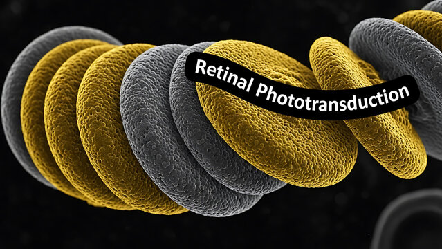 SEM image of retinal photoreceptor outer segments showing stacked discs in yellow and grey colors