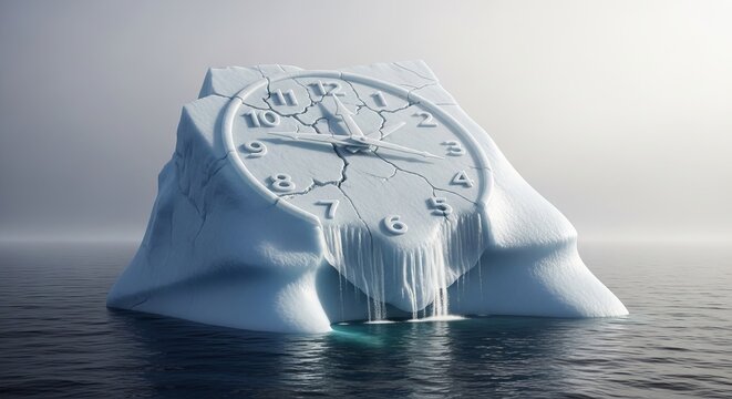A large melting iceberg with a cracked clock face in the middle of the ocean