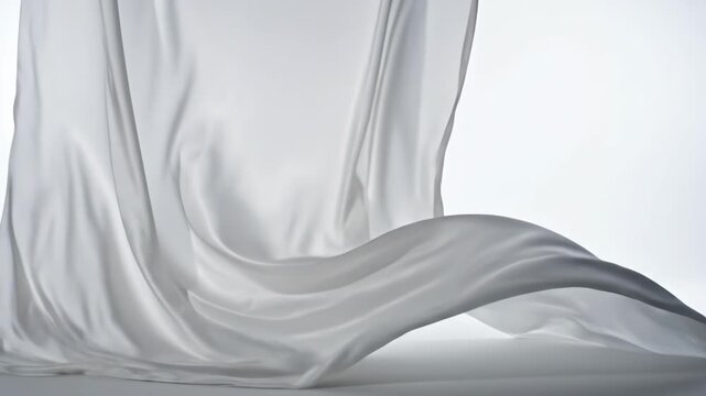 Flowing White Fabric Gracefully Draped and Rippling in Soft, Ethereal Light Against a Bright Background.