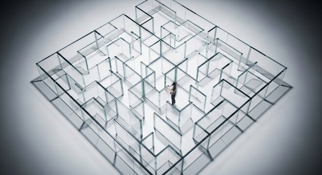 A person stands in the center of a complex glass maze with multiple paths and dead ends.