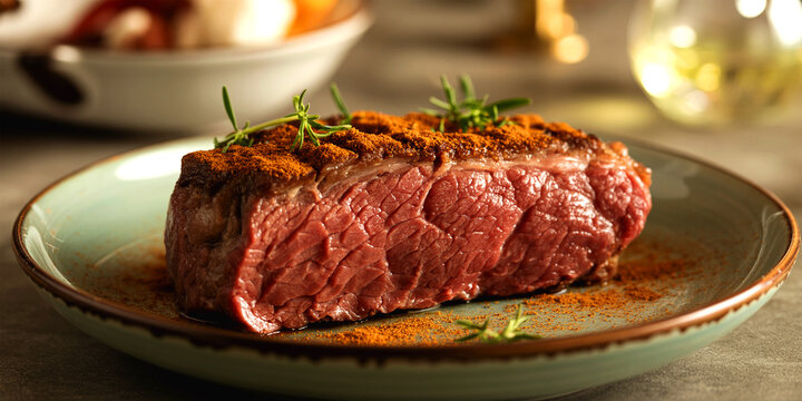 Juicy grilled steak dinner photo, sliced beef fillet on plate with sauce, restaurant food background