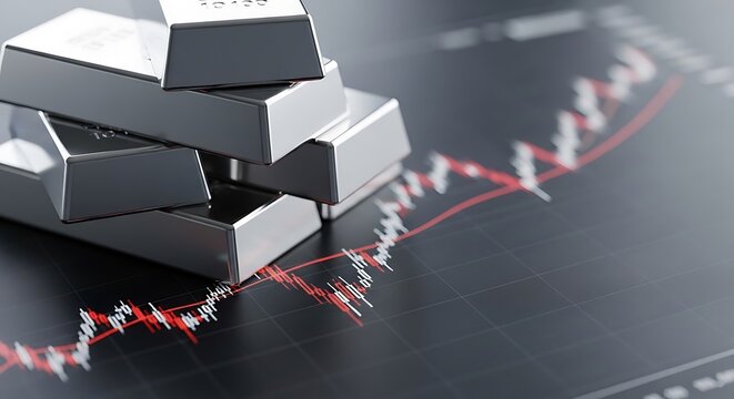 Shiny silver bars stacked on a finance graph, trending upward in red