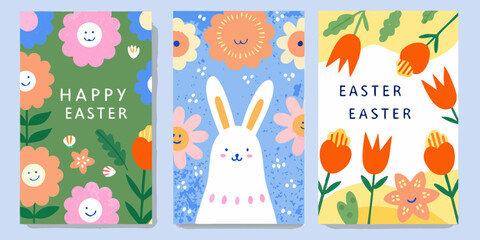 Colorful easter banners featuring flowers a bunny and cheerful greetings © Sunil123