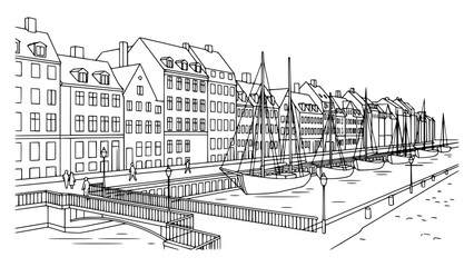 Fototapeta premium Nyhavn Copenhagen Line Art Waterfront Street Denmark Illustration