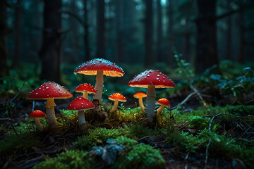 Fototapeta premium Glowing Red Mushrooms in a Dark Enchanted Forest Landscape